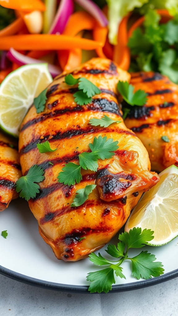 Grilled lemongrass chicken garnished with cilantro and lime on a plate, with a fresh salad in the background.